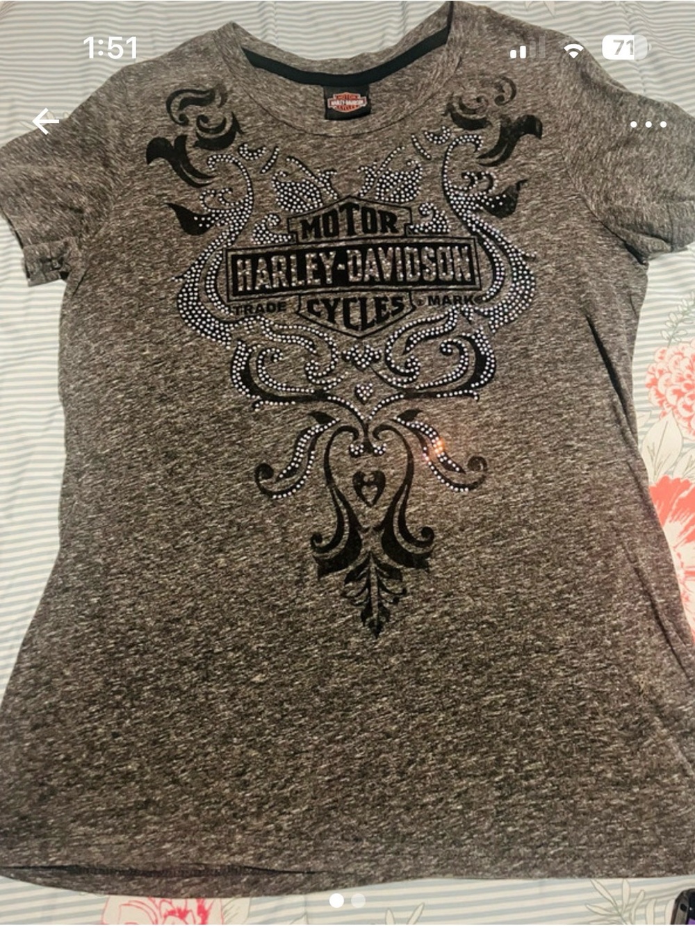 Harley-Davidson Gray Rhinestone Scroll Logo Short Sleeve Tee